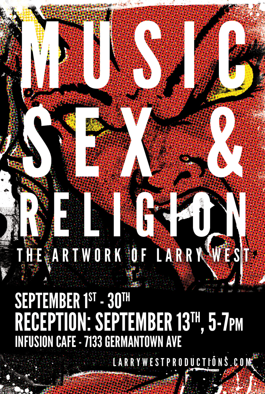 Music, Sex, and Religion - The Art of Larry West Flyer